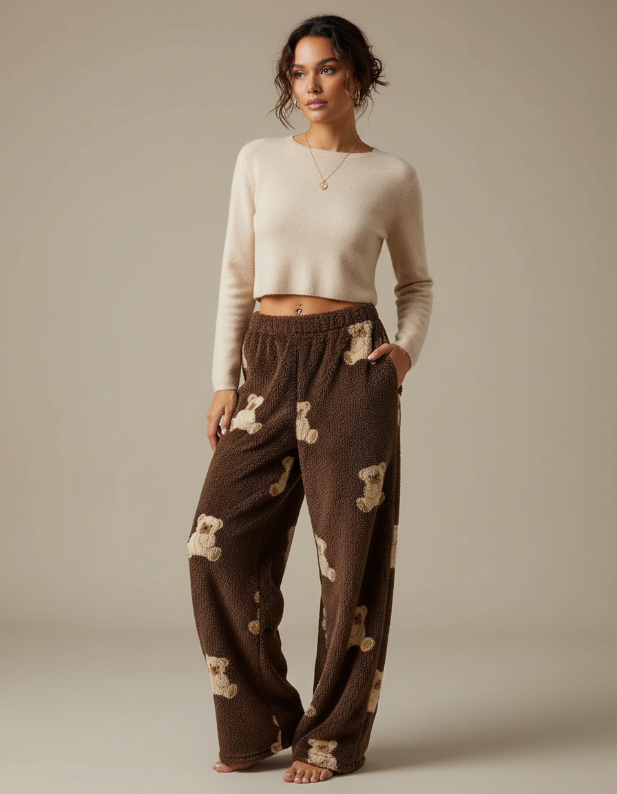 Pantalon Fluide Marron Oursons Pelucheux Confortable Femme - Molleton