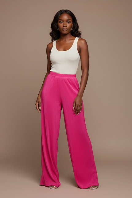 Pantalon Fluide Rose Vif Plissé Ample Élégant - Maille