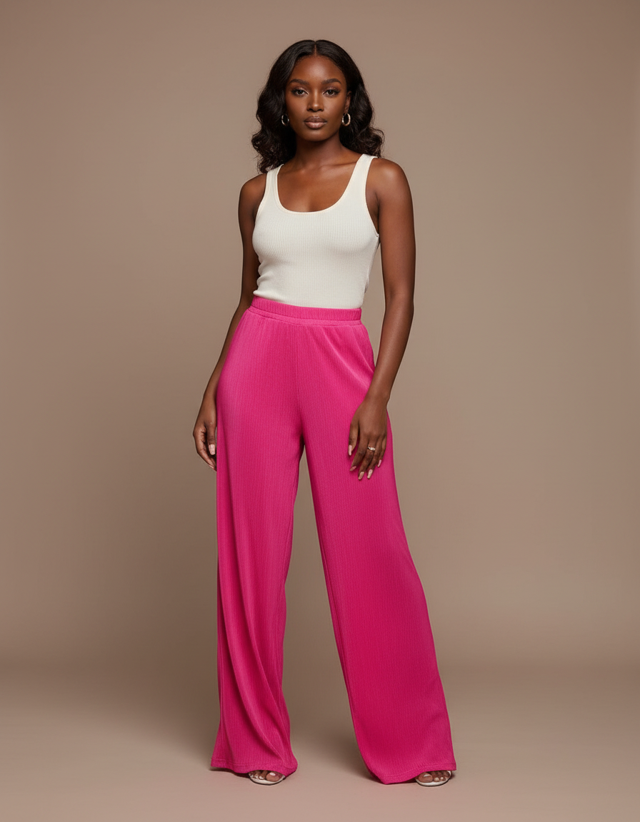 Pantalon Fluide Rose Vif Plissé Ample Élégant - Maille
