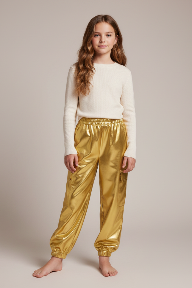 Pantalon Fluide Doré Métallisé Cargo Brillant Fille - Polyester