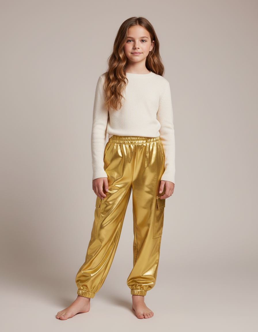 Pantalon Fluide Doré Métallisé Cargo Brillant Fille - Polyester
