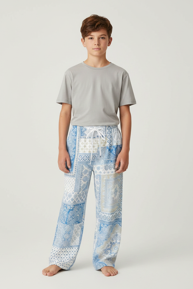 Pantalon Fluide Patchwork Bleu Imprimé Décontracté Ample - Viscose