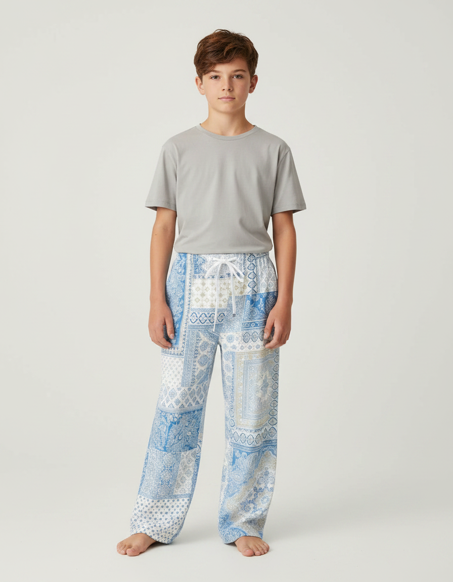 Pantalon Fluide Patchwork Bleu Imprimé Décontracté Ample - Viscose