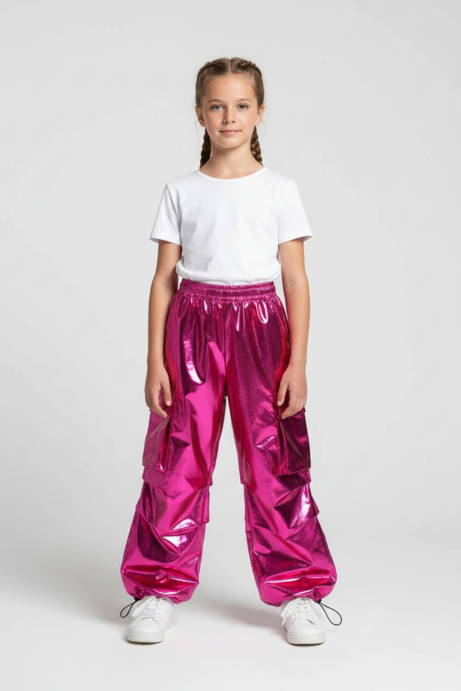 Pantalon Fluide Cargo Rose Métallique Brillant Enfant - Polyester