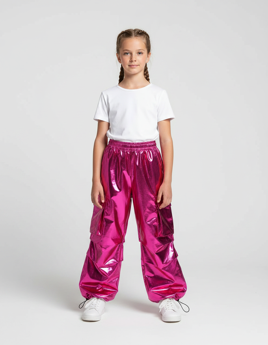 Pantalon Fluide Cargo Rose Métallique Brillant Enfant - Polyester