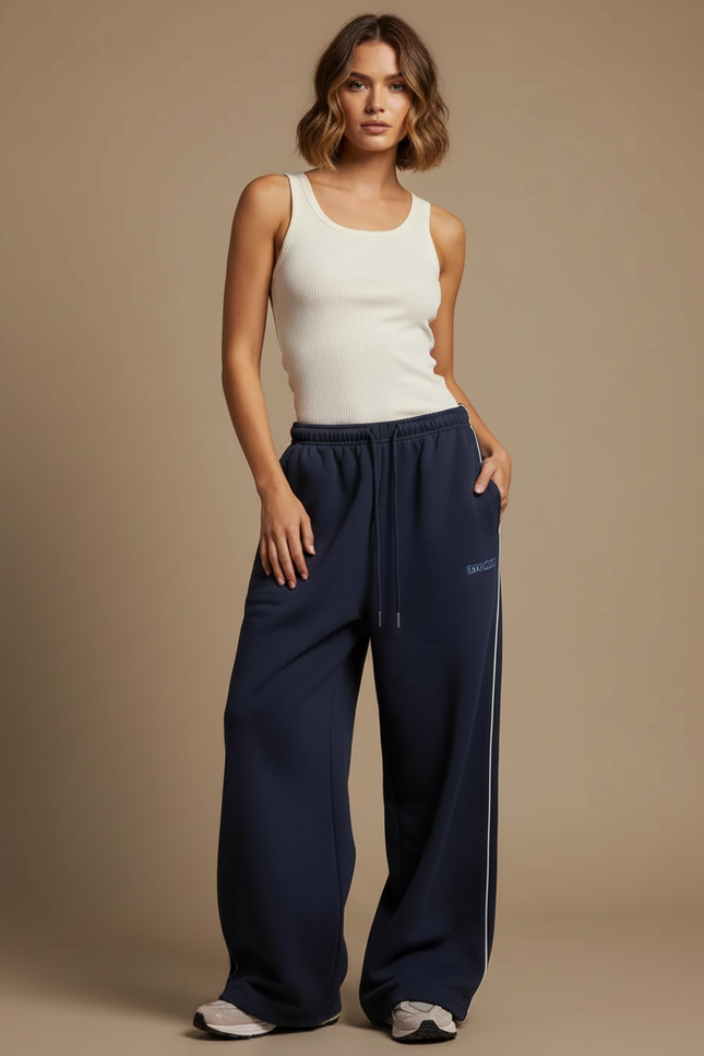 Pantalon Fluide Bleu Marine Ample Rayures Latérales - Molleton
