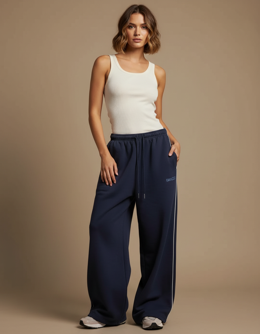 Pantalon Fluide Bleu Marine Ample Rayures Latérales - Molleton