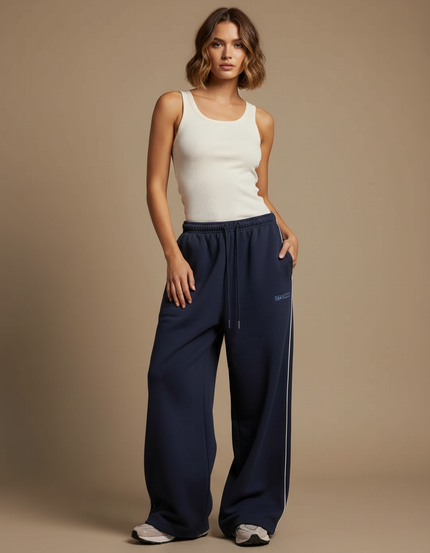 Pantalon Fluide Bleu Marine Ample Rayures Latérales - Molleton