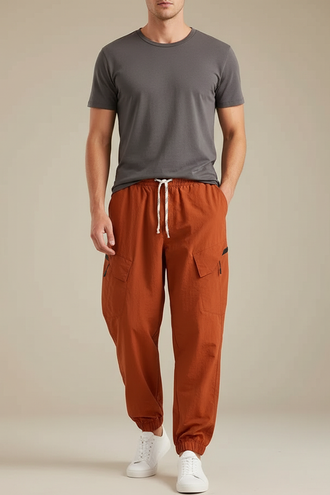 Pantalon Fluide Orange Cargo Homme Léger Décontracté - Coton
