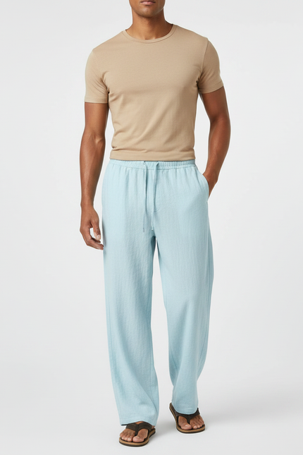 Pantalon Fluide Homme Coton Lin Ample Bleu Ciel