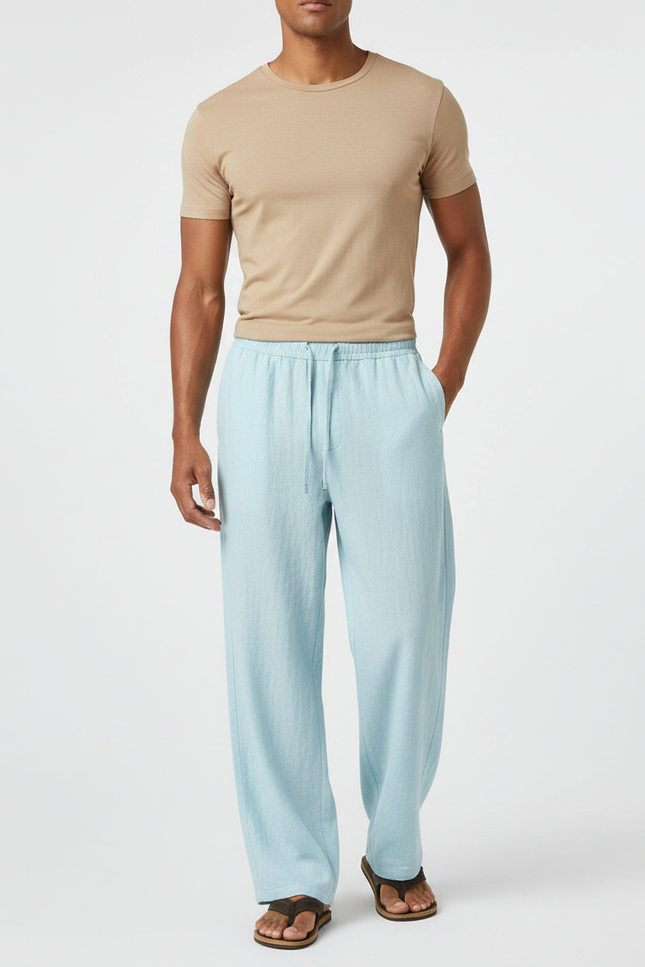 Pantalon Fluide Homme Coton Lin Ample Bleu Ciel