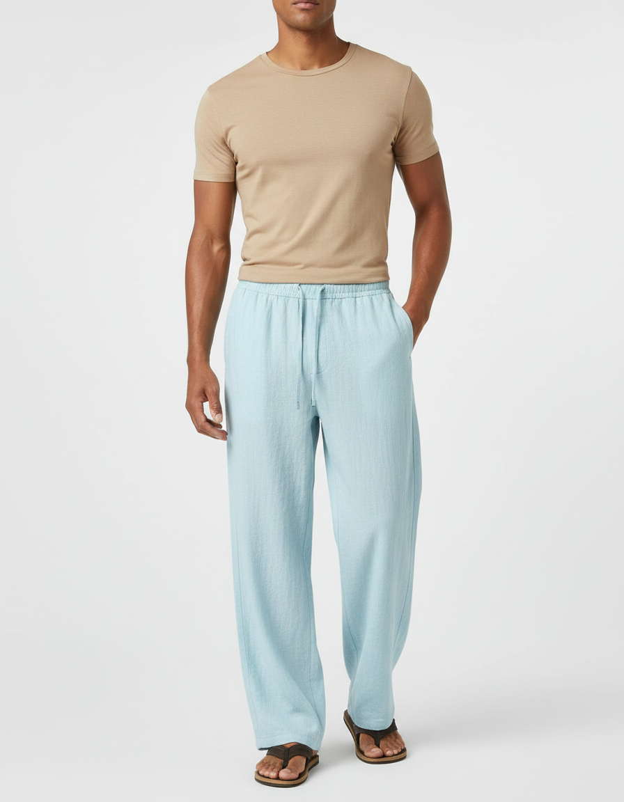 Pantalon Fluide Homme Coton Lin Ample Bleu Ciel