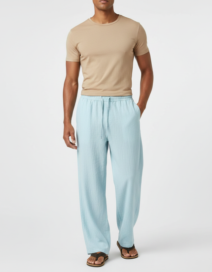 Pantalon Fluide Homme Coton Lin Ample Bleu Ciel