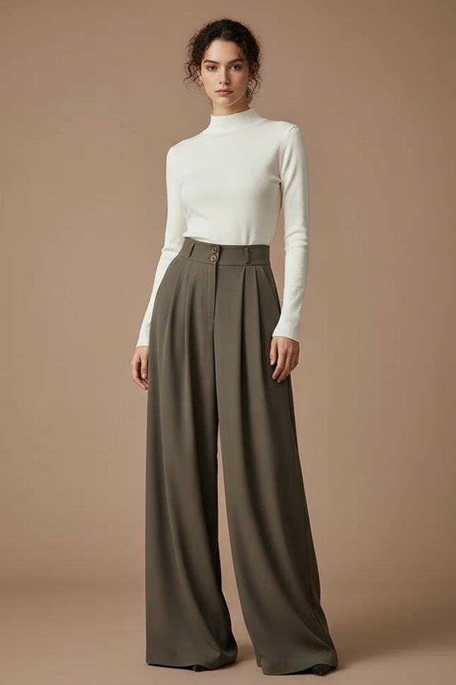 Pantalon Fluide Kaki Taille Haute Ample Élégant - Polyester