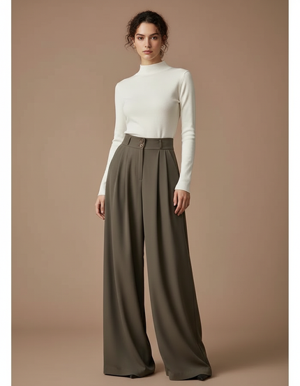 Pantalon Fluide Kaki Taille Haute Ample Élégant - Polyester