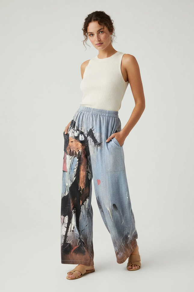 Pantalon Fluide Ample Imprimé Chien Décontracté Casual - Coton