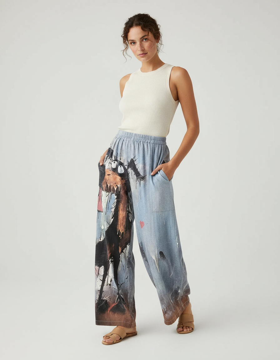 Pantalon Fluide Ample Imprimé Chien Décontracté Casual - Coton