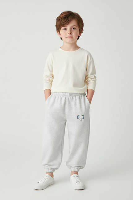 Pantalon Fluide Gris Ample Coton Enfant Brodé Éléphant - Molleton