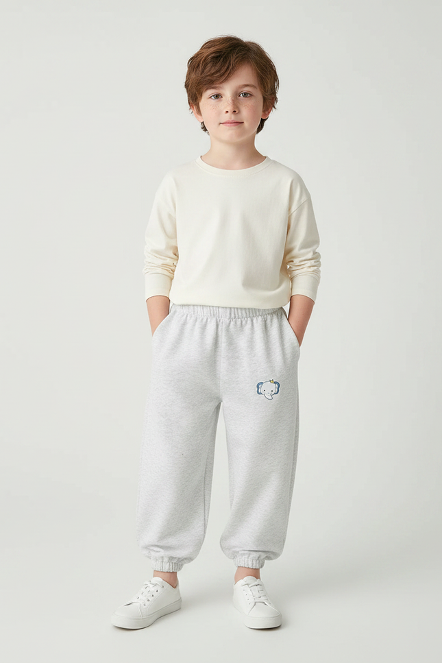 Pantalon Fluide Gris Ample Coton Enfant Brodé Éléphant - Molleton