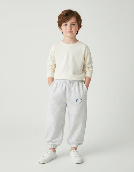 Pantalon Fluide Gris Ample Coton Enfant Brodé Éléphant - Molleton