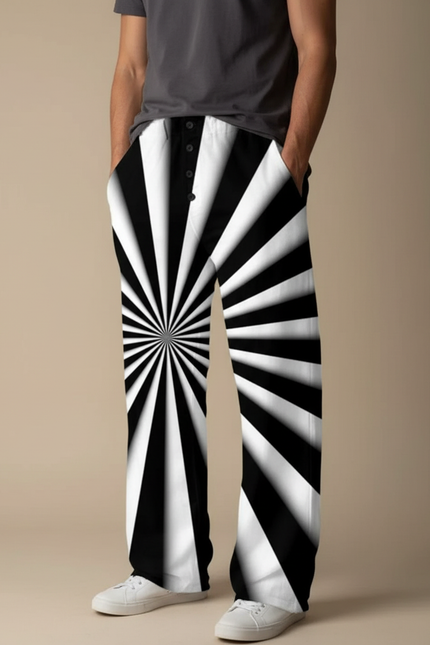 Pantalon Fluide Noir Blanc Rayé Optique Ample - Multicolore Viscose