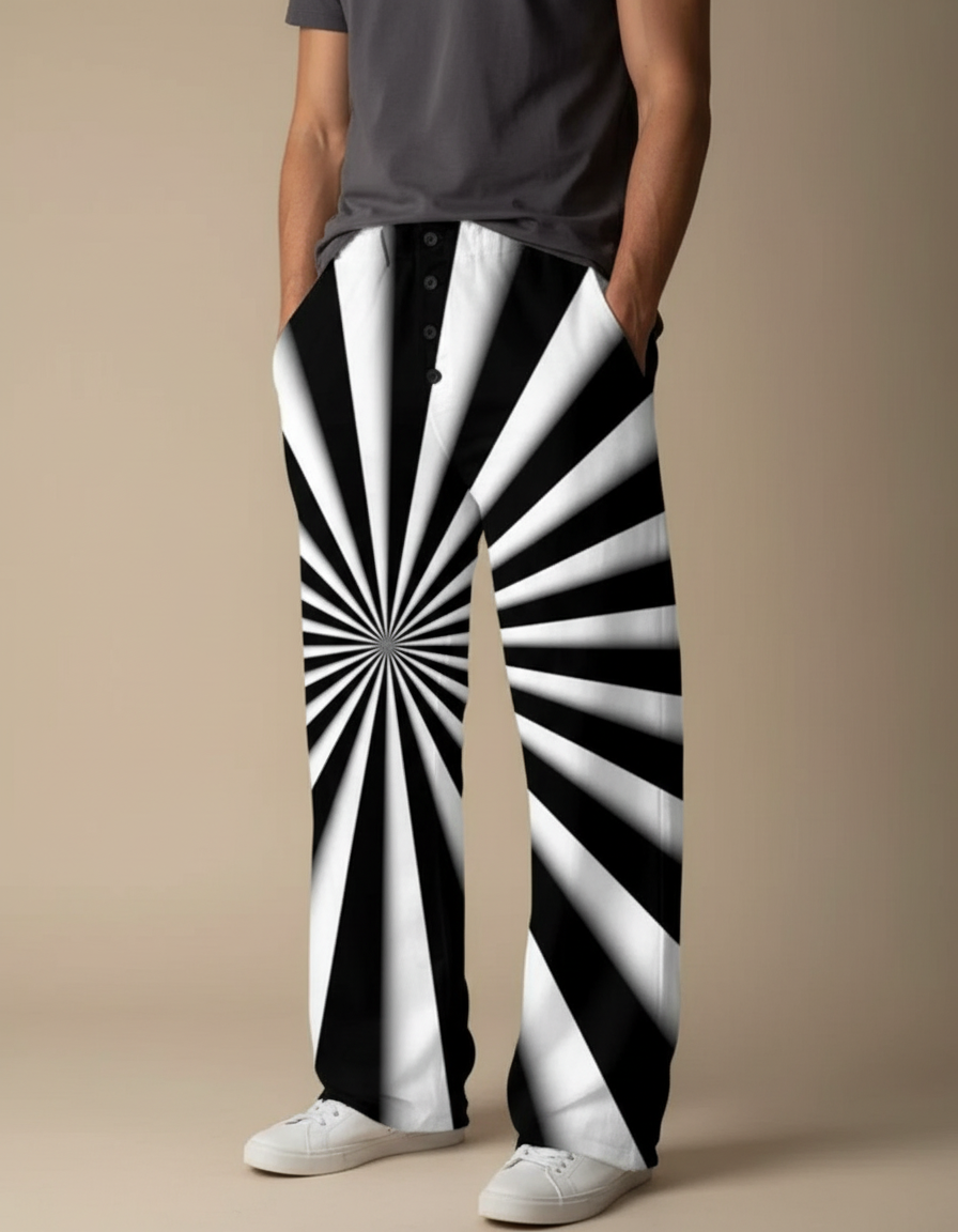 Pantalon Fluide Noir Blanc Rayé Optique Ample - Multicolore Viscose