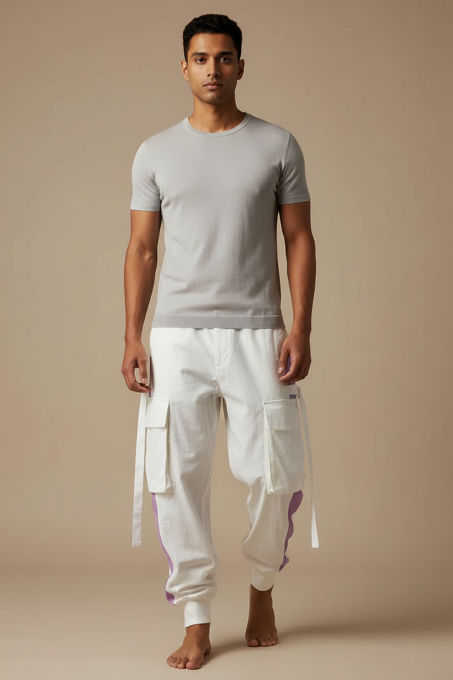 Pantalon Fluide Blanc Cargo Ample Décontracté Homme - Toile