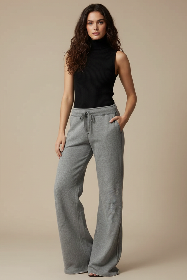 Pantalon Fluide Gris Ample Cordon Décontracté Chic - Molleton