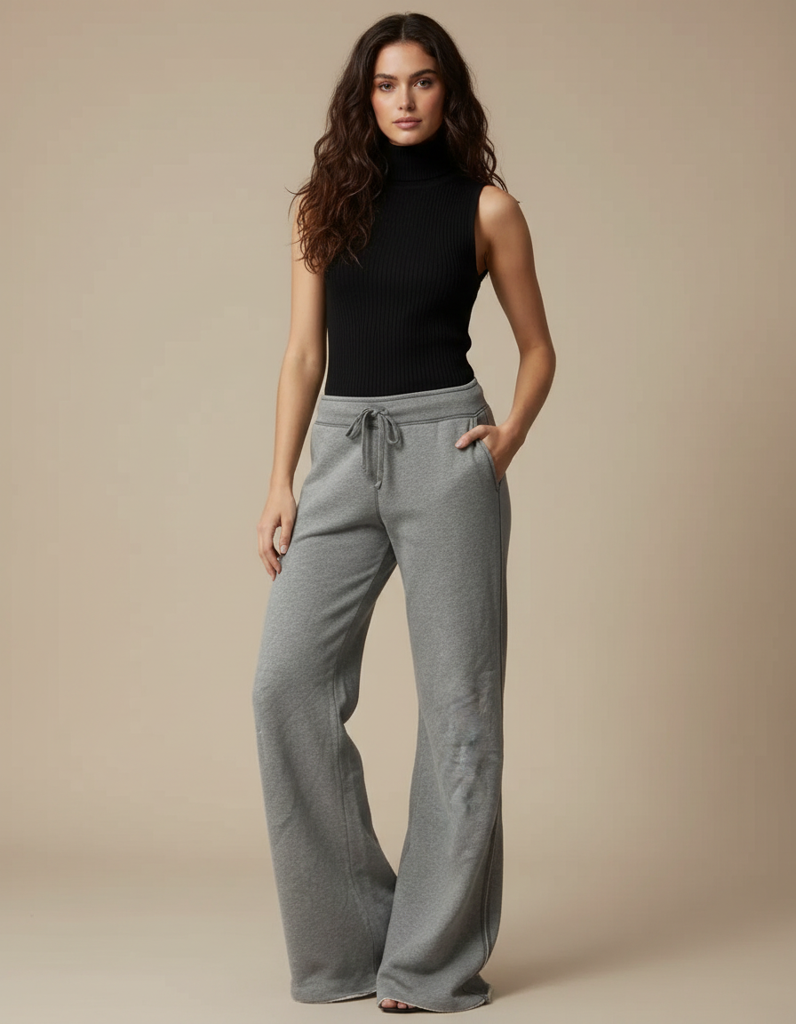 Pantalon Fluide Gris Ample Cordon Décontracté Chic - Molleton