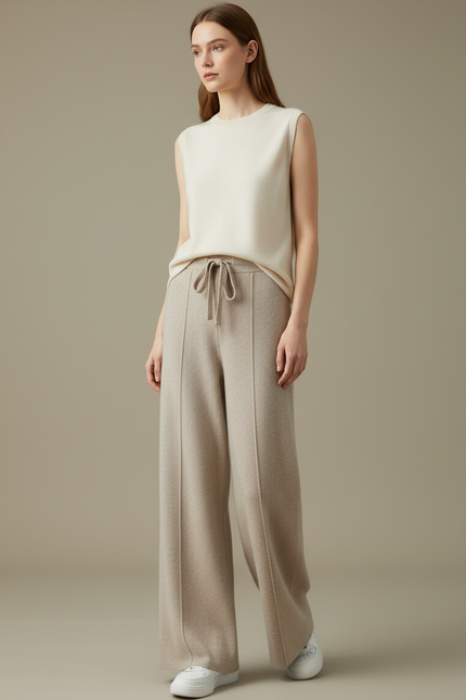 Pantalon Fluide Beige Maille Ample Cordon Femme