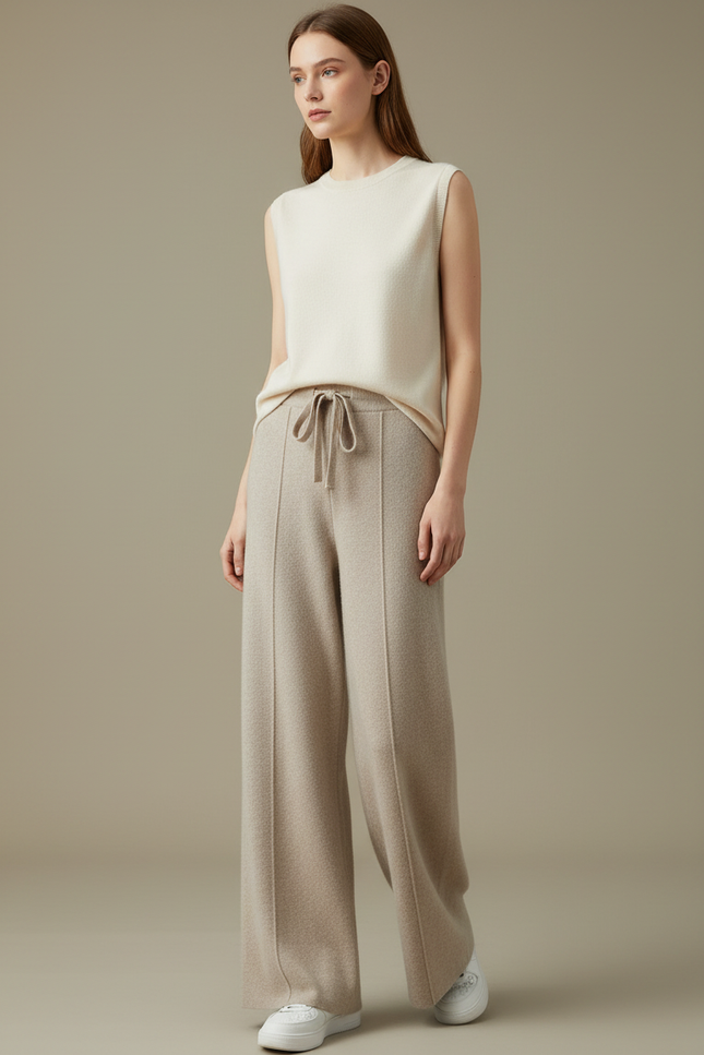 Pantalon Fluide Beige Maille Ample Cordon Femme