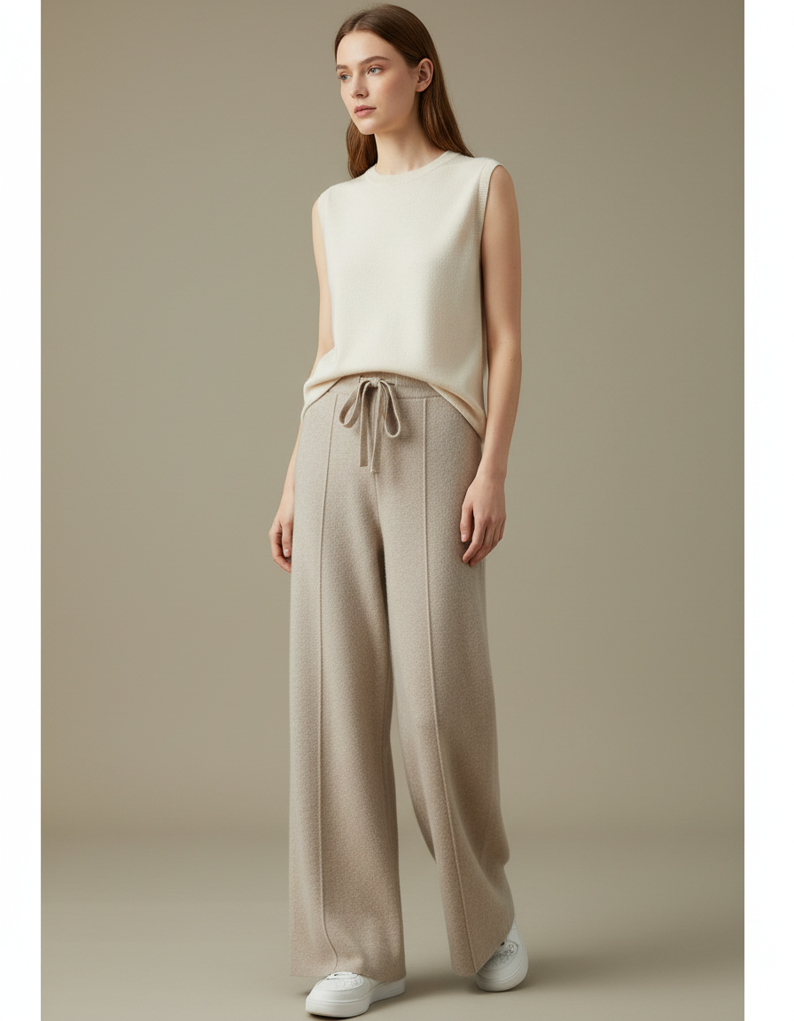 Pantalon Fluide Beige Maille Ample Cordon Femme