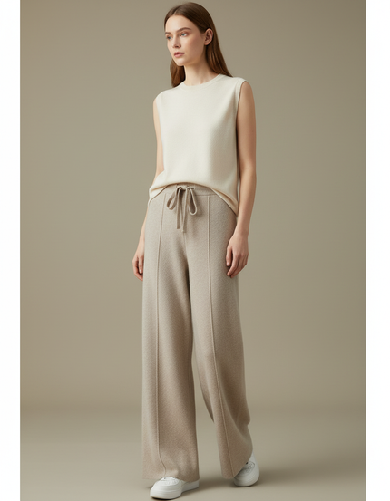 Pantalon Fluide Beige Maille Ample Cordon Femme
