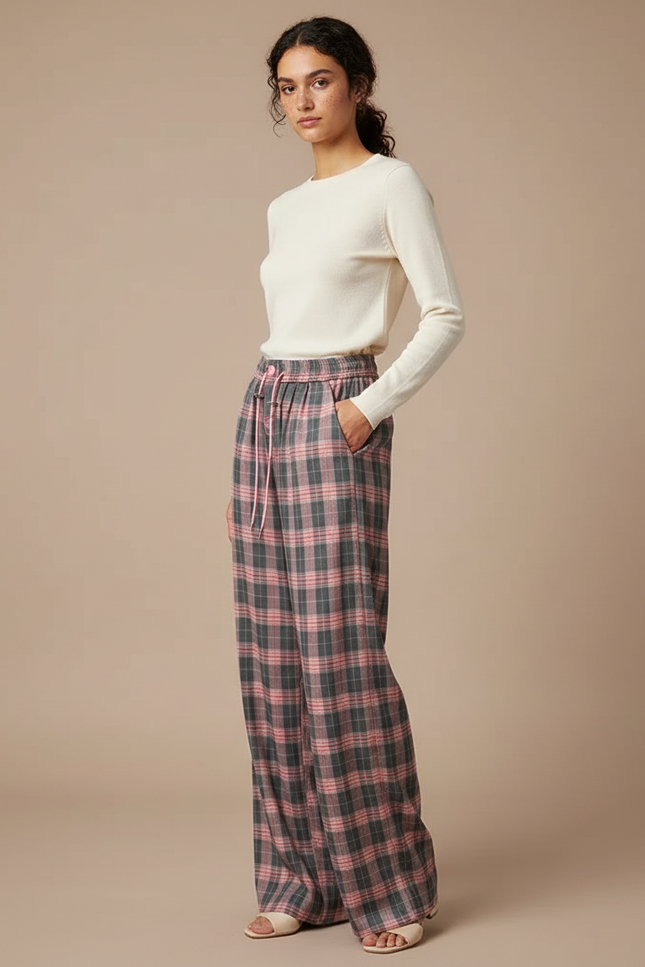 Pantalon Fluide Écossais Rose Gris Ample Décontracté - Multicolore Laine