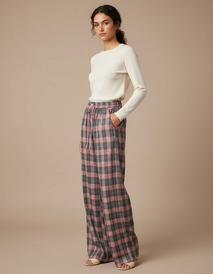 Pantalon Fluide Écossais Rose Gris Ample Décontracté - Multicolore Laine