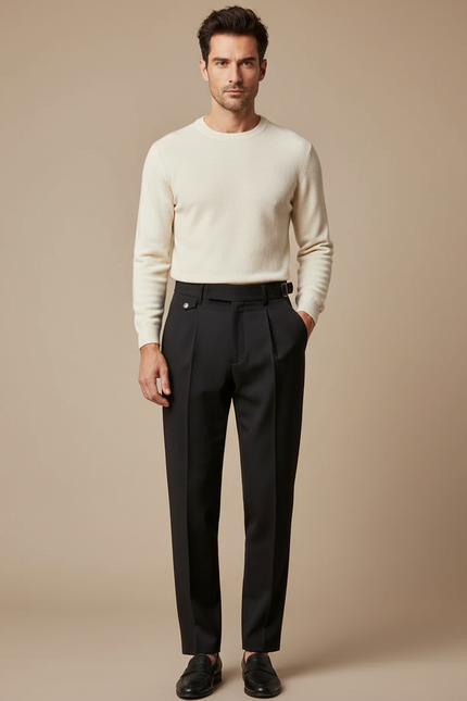 Pantalon Fluide Noir Élégant Plissé Homme Habillé - Gabardine