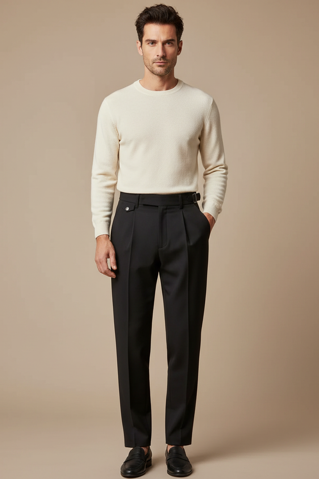 Pantalon Fluide Noir Élégant Plissé Homme Habillé - Gabardine