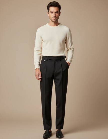 Pantalon Fluide Noir Élégant Plissé Homme Habillé - Gabardine