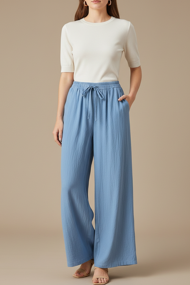 Pantalon Fluide Bleu Ciel Ample Coton Décontracté Été