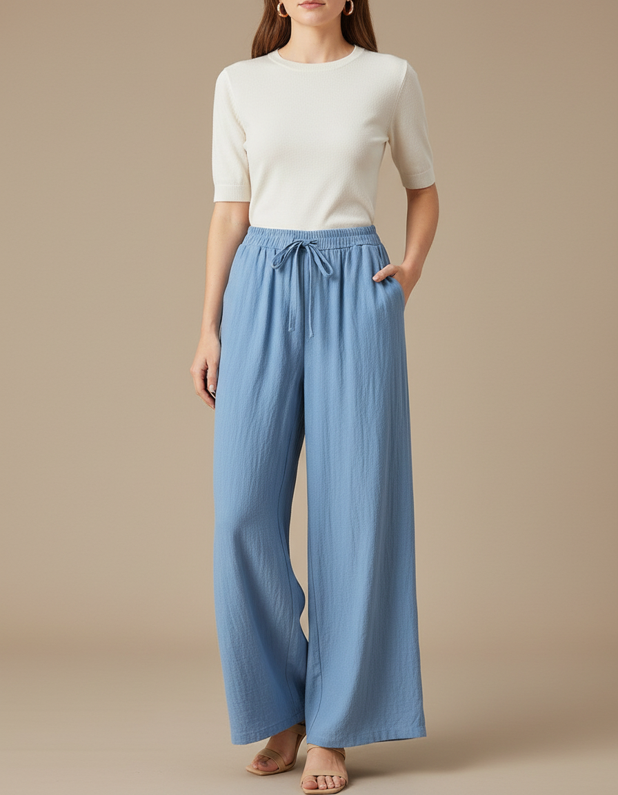 Pantalon Fluide Bleu Ciel Ample Coton Décontracté Été