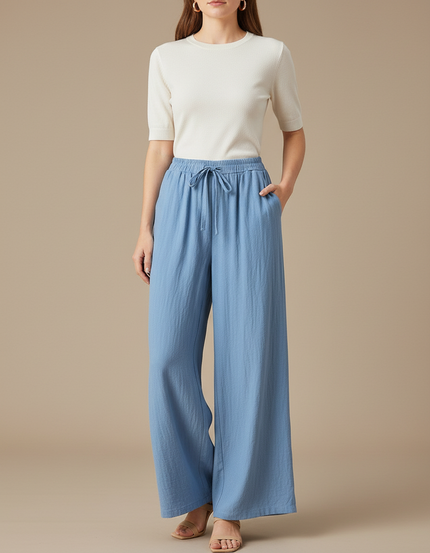 Pantalon Fluide Bleu Ciel Ample Coton Décontracté Été
