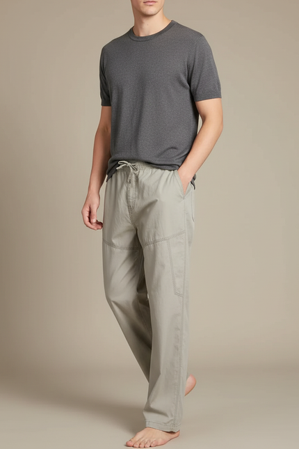 Pantalon Fluide Homme Coton Ample Droit Décontracté Beige