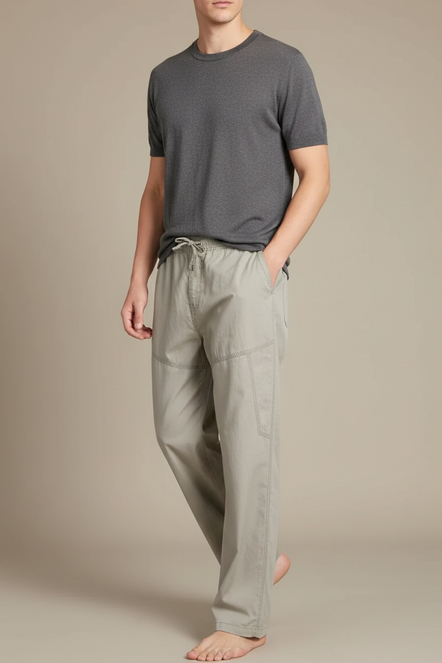 Pantalon Fluide Homme Coton Ample Droit Décontracté Beige