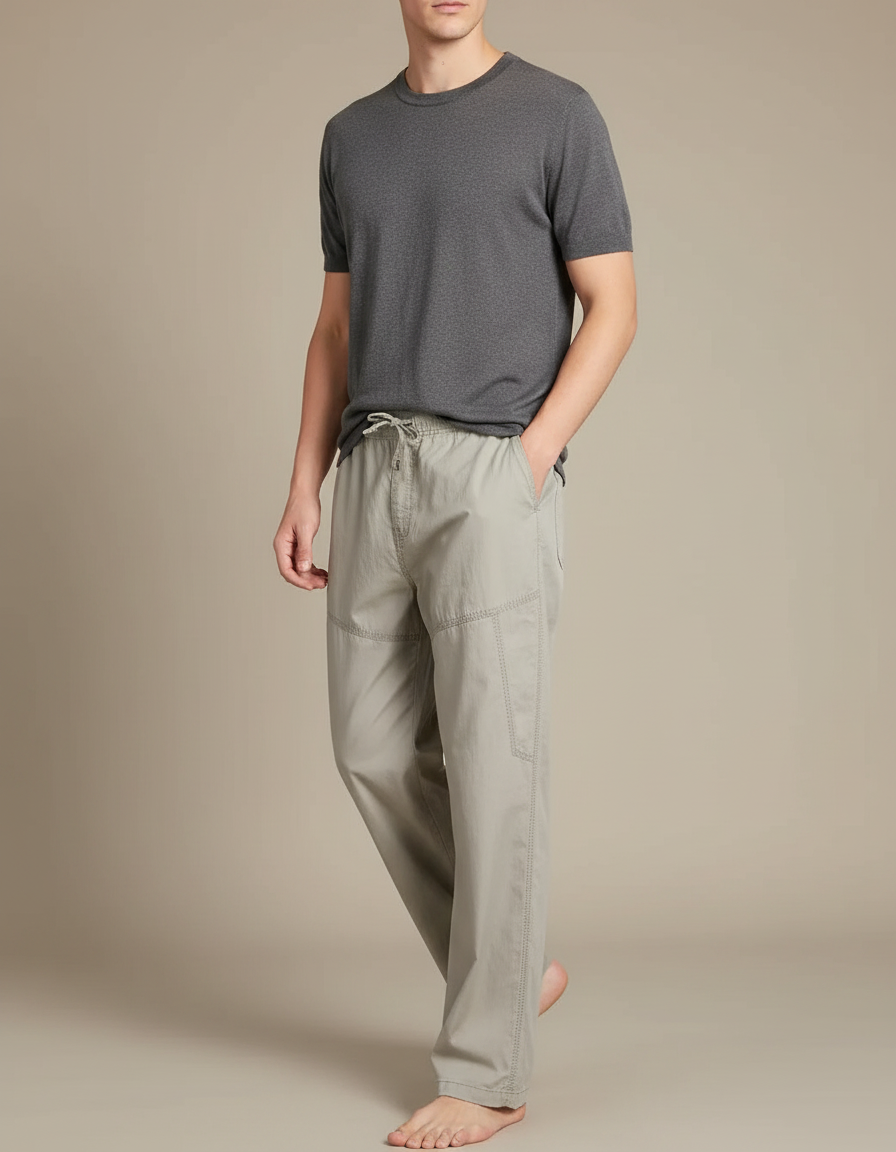 Pantalon Fluide Homme Coton Ample Droit Décontracté Beige