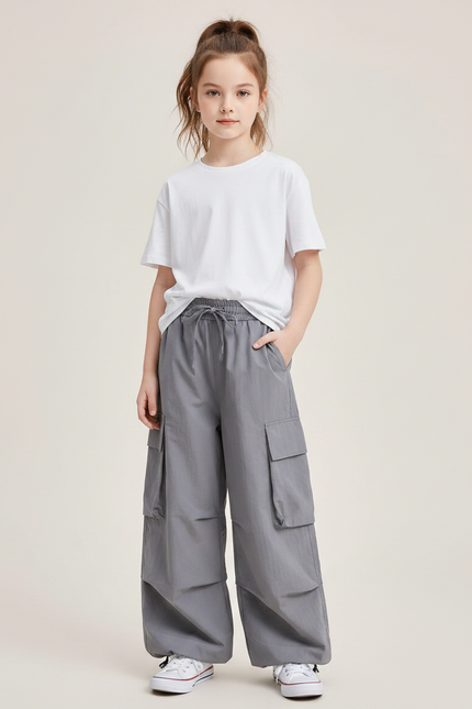 Pantalon Fluide Cargo Gris Ample Décontracté Enfants Streetwear - Polyester