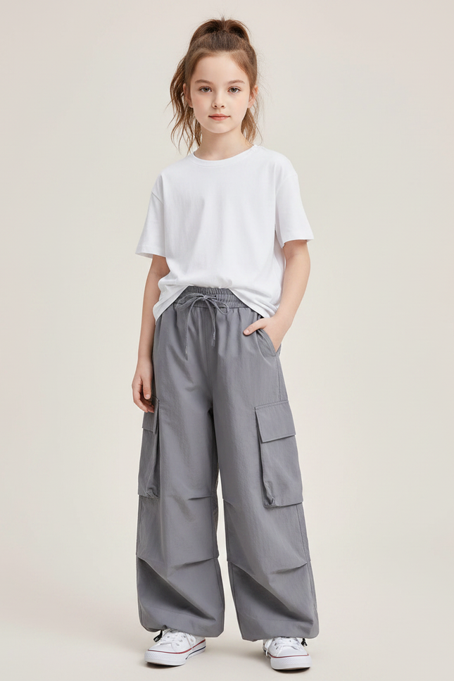 Pantalon Fluide Cargo Gris Ample Décontracté Enfants Streetwear - Polyester