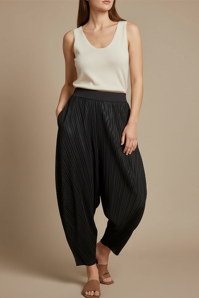 Pantalon Fluide Noir Plissé Ample Décontracté Confortable - Polyester