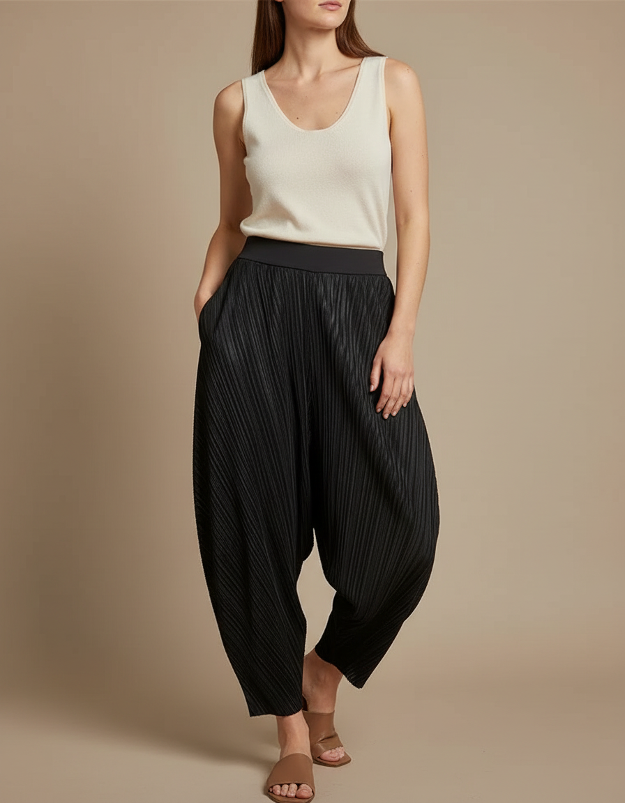 Pantalon Fluide Noir Plissé Ample Décontracté Confortable - Polyester
