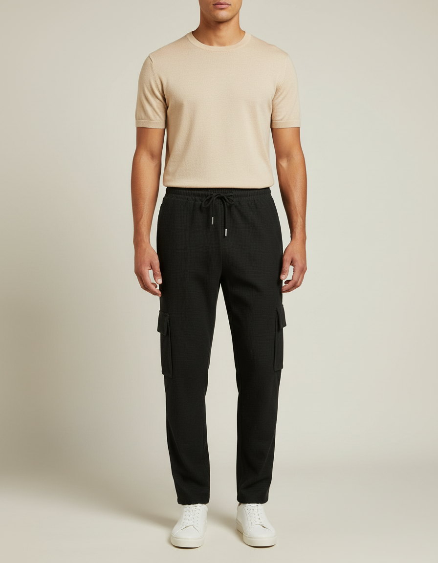 Pantalon Fluide Noir Cargo Gaufre Décontracté Homme - Maille