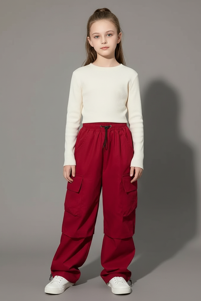 Pantalon Fluide Rouge Cargo Ample Cordon Fille - Polyester